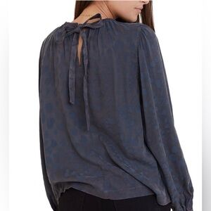 Bella Dahl Navy Blue Leopard‎ Print Gathered Tie Back Blouse Preppy Office